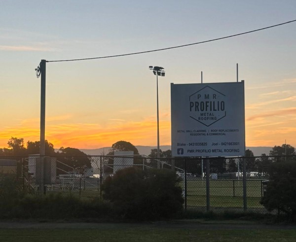 Profilio Metal Roofing sponsor sign at Warilla Lake South Gorillas ground Illawarra